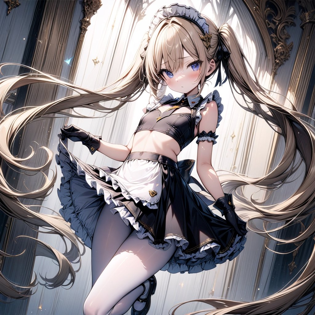 masterpiece, beautiful details, perfect focus, uniform 8K wallpaper, high resolution, exquisite texture in every detail, 1girl, very long golden hair, twintails, flat chest, flat chested, maid, maid clothes, maid headdress, crop top, sleeveless, short skirt, gloves, high tights, shoes