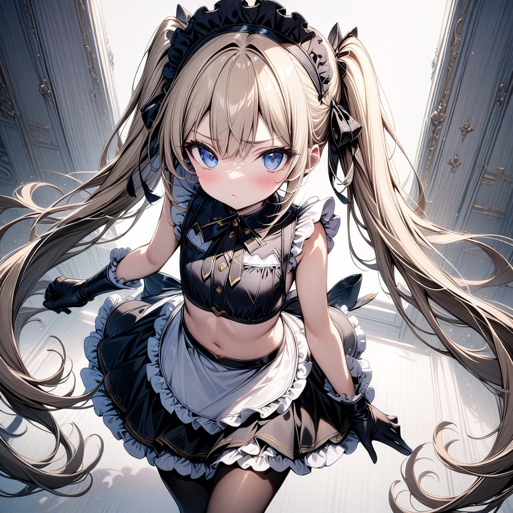 masterpiece, beautiful details, perfect focus, uniform 8K wallpaper, high resolution, exquisite texture in every detail, 1girl, very long golden hair, twintails, :<, flat chest, flat chested, maid, maid clothes, maid headdress, crop top, sleeveless, short skirt, gloves, high tights, shoes