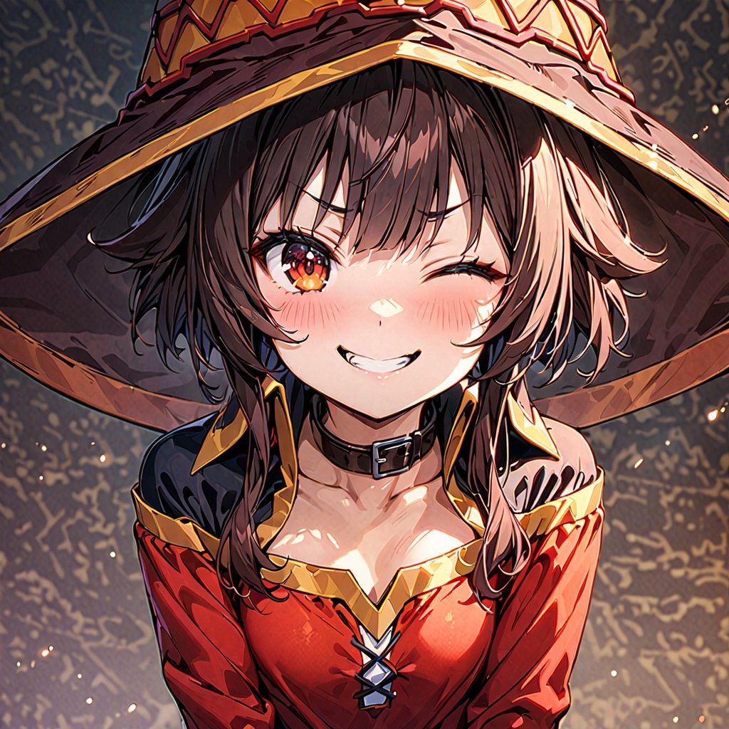 masterpiece, beautiful details, perfect focus, uniform 8K wallpaper, high resolution, exquisite texture in every detail, 1girl, megumin, sexy clothes:1.2, wink:1.2, winking:1.3