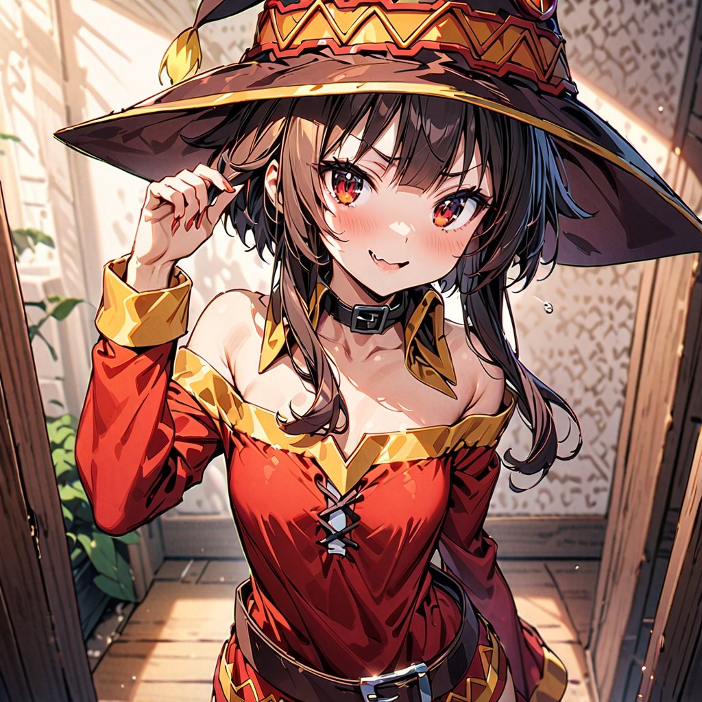 masterpiece, beautiful details, perfect focus, uniform 8K wallpaper, high resolution, exquisite texture in every detail, 1girl, megumin, sexy clothes:1.2, wink