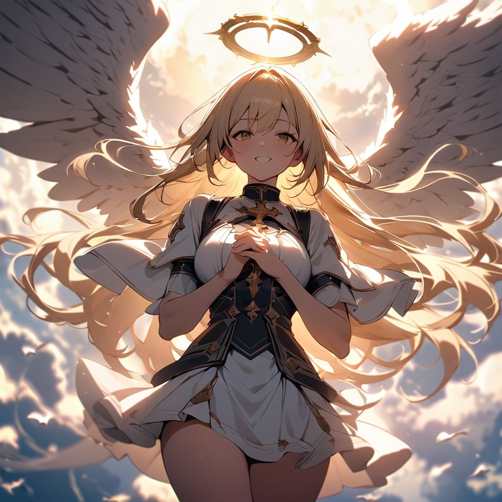 masterpiece, beautiful details, perfect focus, uniform 8K wallpaper, high resolution, exquisite texture in every detail, 1girl, very long light golden hair, angel, huge angel wings, BREAK, beautiful, smile, BREAK, white robe with black trim, white skirt with gray trim, golden cross symbol on top, BREAK, flying in sky, cloud, daytime, sun light, cowboy shot, depth of field, depth view, fantasy, epic, backlighting, bright lighting