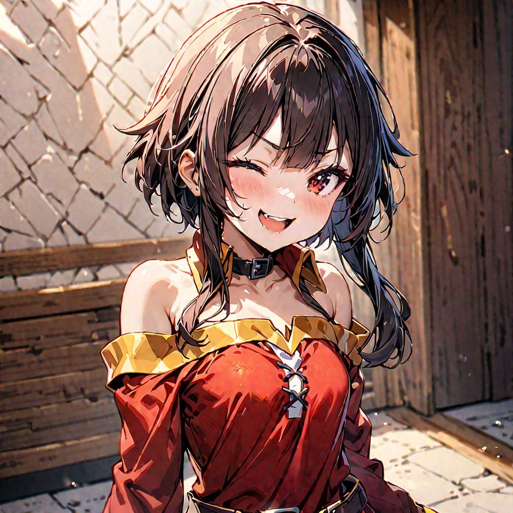 masterpiece, beautiful details, perfect focus, uniform 8K wallpaper, high resolution, exquisite texture in every detail, 1girl, megumin, sexy clothes:1.2, wink:1.2, winking:1.3