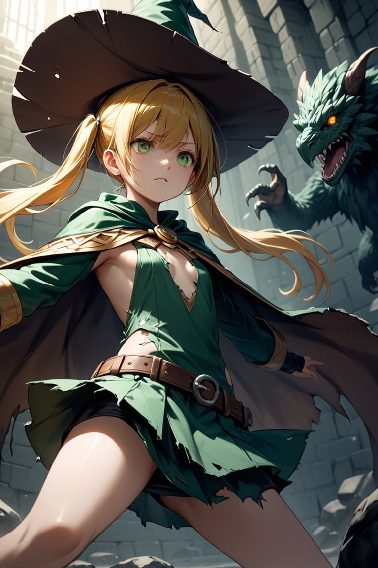 (very aesthetic, best quality, ultra detailed), intricate details, 1girl, long golden hair, twintails, green eyes, flat chest, flat chested, small wizard hat, old cape, ripped clothes, short skirt, in dungeon, darkness feeling, monster(creature), battle, fighting sense