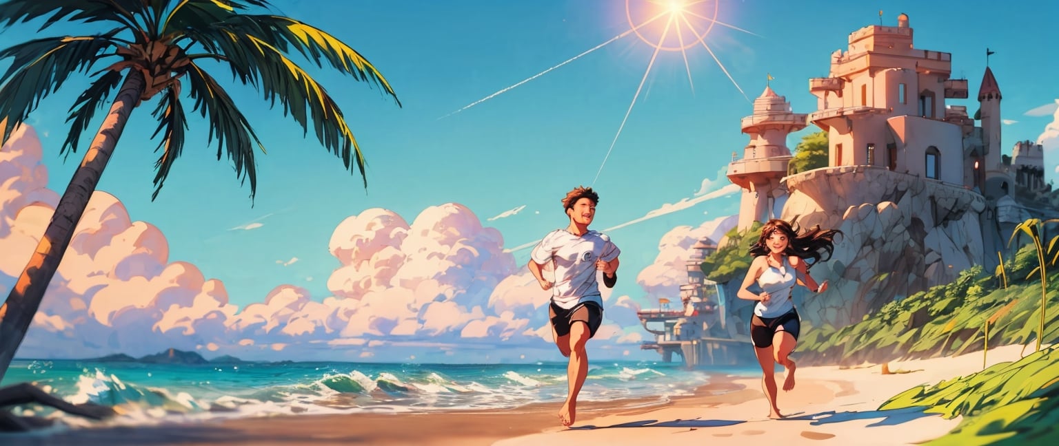 (best quality, masterpiece), 1girl, 1boy, (2 people), (couple), running happily, beach, waves, disney, sand, barefoot, shorts, vibrant, sea, seaside, coconut tree, (clear sky), (clouds:0.1) lens flare, wide lens, from afar, bluish, (cyan sky:0.4)