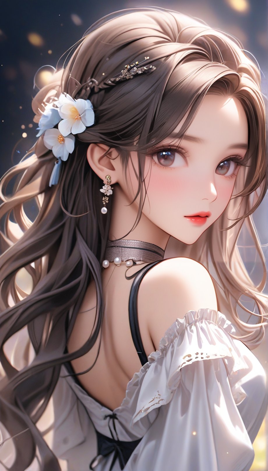 1girl, solo, long hair, looking at viewer, blushing, brunette, hair accessory, dress, , jewelry, closed mouth, upper body, flowers, earrings, looking back, hair flowers, necklace, , dark eyes, lips, eyelashes, Glitter, makeup, depth of field, blurred background, wavy hair, gems, background blur, pearl necklace Chinese classical beauty, 20 years old, empty back, dreamy back, front high definition
