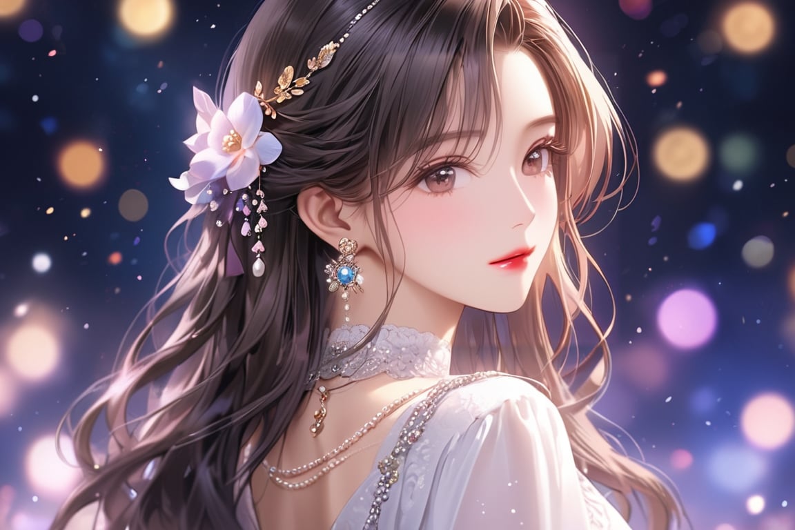 1girl, Chinese classical beauty, solo, long hair, looking at the audience, blushing, black hair, hair accessories, dress, , jewelry, closed mouth, upper body, close-up in front of the camera, flowers, earrings, looking back, hair flower, necklace, , dark eyes, lips, eyelashes, glitter, makeup, depth of field, bokeh, wavy hair, gems, bokeh, pearl necklace, 20 years old, empty back, dreamy back, frontal HD
,Kim Hee Sun