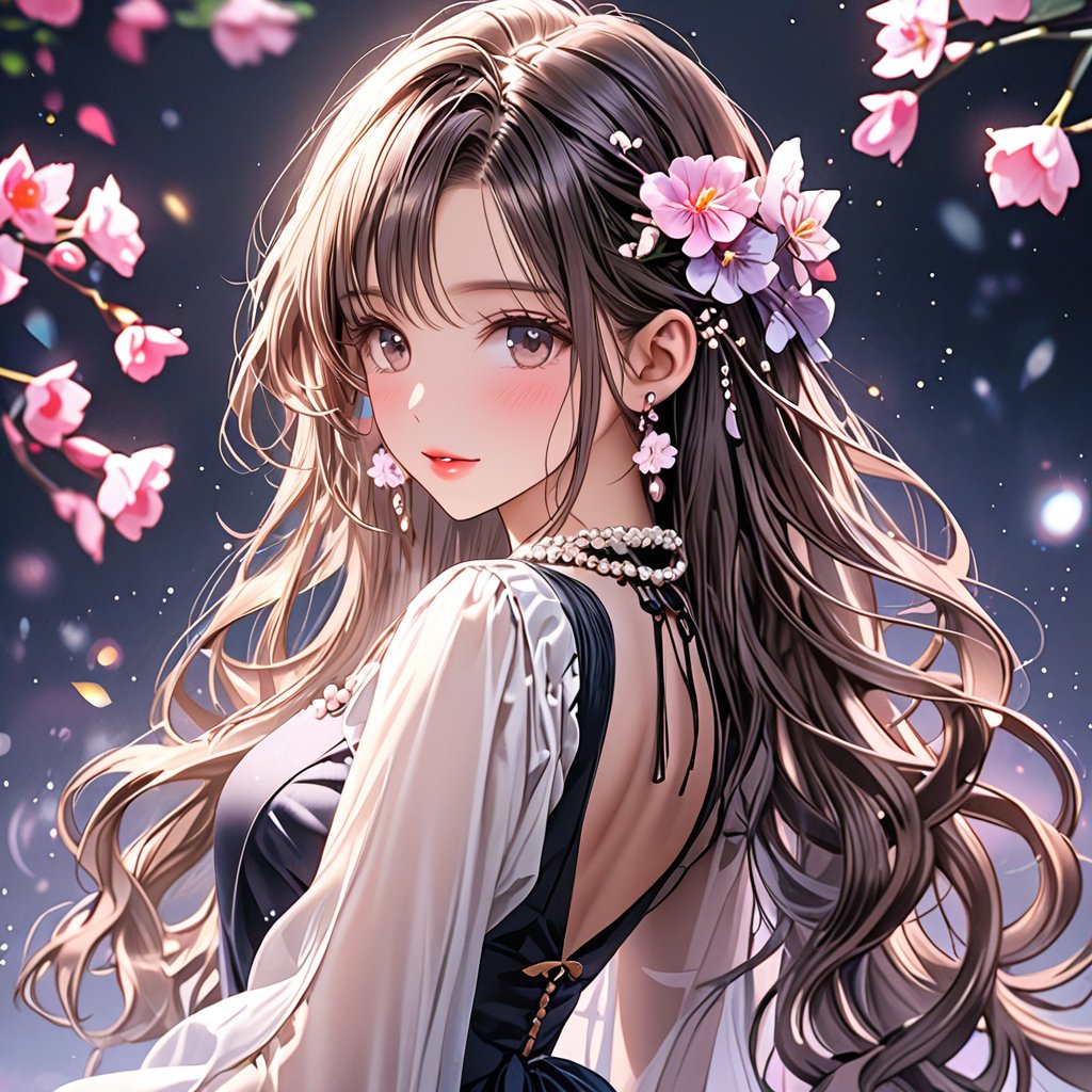 1girl, solo, long hair, looking at viewer, blushing, brunette, hair accessory, dress, , jewelry, closed mouth, upper body, flowers, earrings, looking back, hair flowers, necklace, , dark eyes, lips, eyelashes, Glitter, makeup, depth of field, blurred background, wavy hair, gems, background blur, pearl necklace Chinese classical beauty, 20 years old, empty back, dreamy back, front high definition
