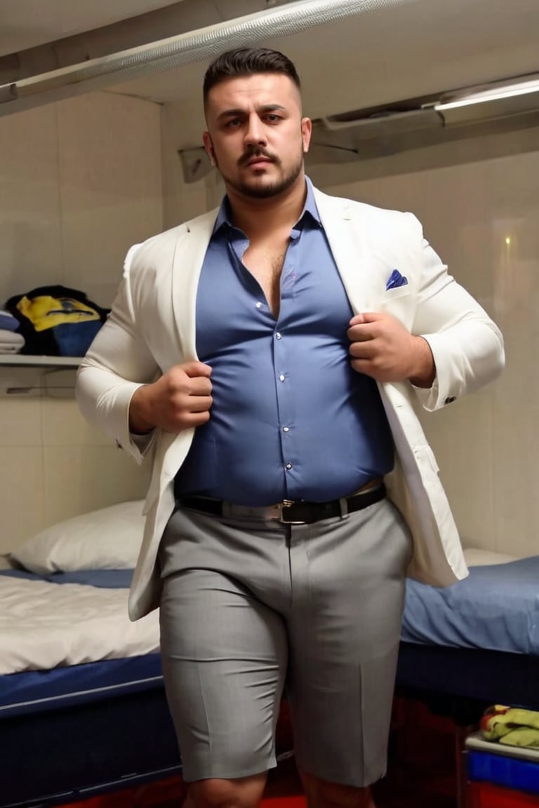 turkish manly college student, wearing pulled down suit pants, big bulge on the boxers, opne button shirt loosely hanging over his shoulders,  strong beefy chubby body, xxl, in the dormroom, , Fluorescent lighting style