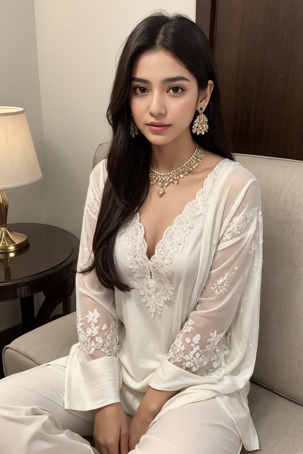 beautiful cute young attractive girl indian, teenage girl, village girl,18 year old,cute, instagram model,long black hair . Envision a Pakistani girl in a beautiful white shalwar kameez, seated elegantly in a luxurious hotel lounge, her chest subtly emphasized, exuding confidence and grace, adorned with exquisite jewelry including dangling earrings, Paperwork, intricate paper cutting with layered textures and delicate patterns, --ar 16:9 --v 5