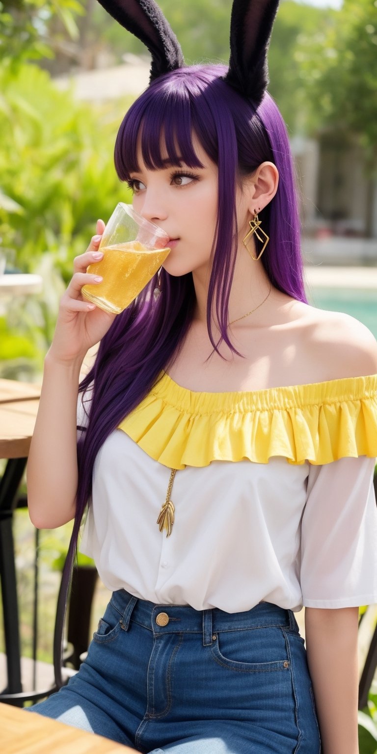 Generate hyper realistic image of a playful woman with bunny ears and an hourglass body, sitting at a table outdoors. Her long, purple hair is adorned with fake animal ears, and her parted bangs frame her face delicately. Dressed in a yellow off-shoulder shirt and a black miniskirt, she holds a cup with a drinking straw, her earrings glinting in the daylight. cute face