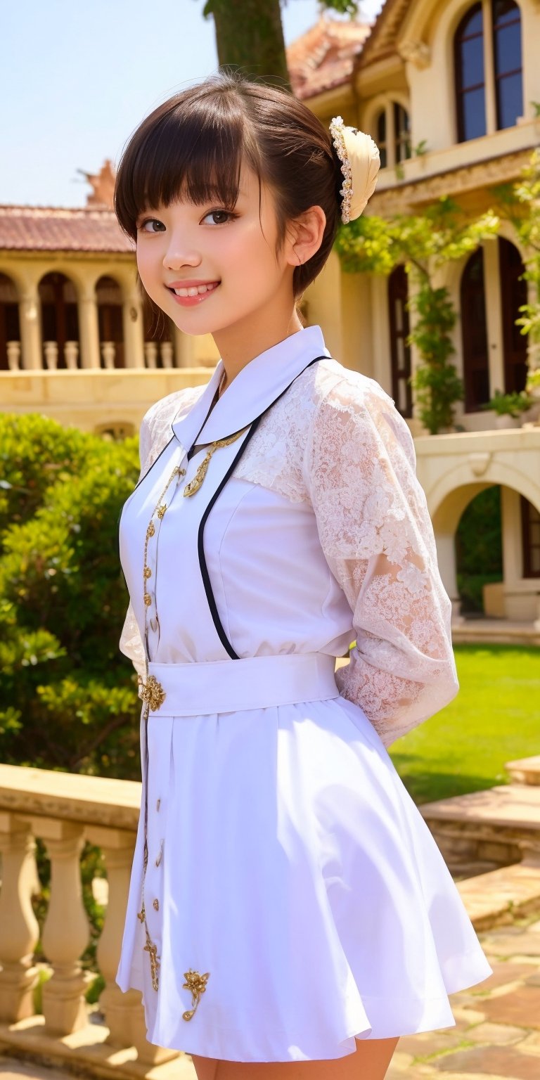 Pretty and charming girl. She wears a very elegant noblewoman oufit. She is a very cute girl. Hyperdetailing masterpiece, hyperdetailing skin, masterpiece quality, with 4k resolution. Charming smile. Short hair, himecut hairstyle, blonde hair. Mansion in background. She belongs to the nobility. bun hairstyle. tender and charming smile. slim, sexy