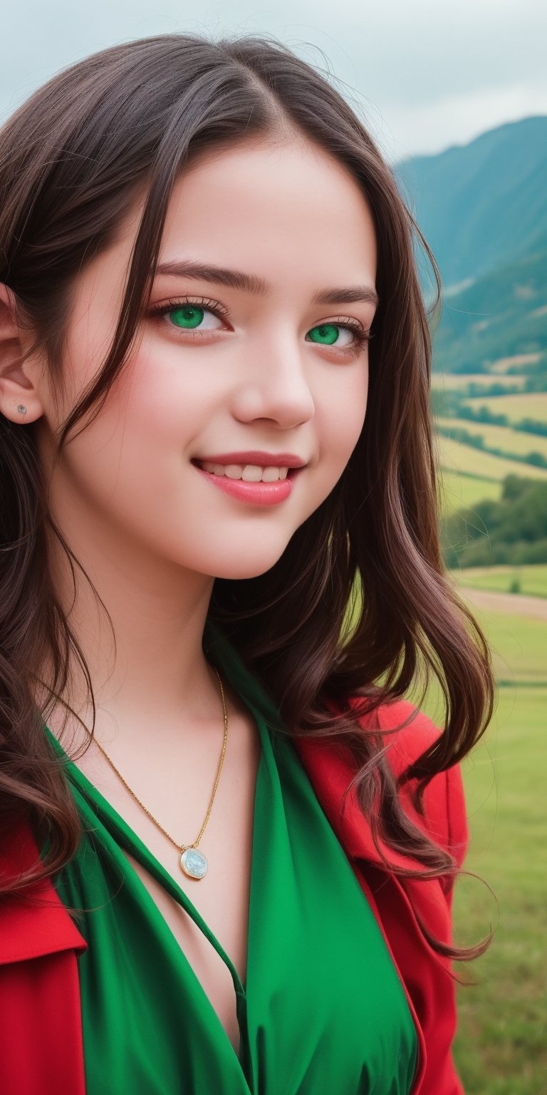 (masterpiece),(((10 year old))) ((best quality)), ((True Color)), Vintage Retro Photography, ultra-detailed, (Fashion Editorial), (illustration),  (dynamic angle), (Portrait),  (woman), ((detailed face)), (extra long hair), (Red and Green dress), beautiful detailed Green eyes, (mystical landscape), (good anatomy), Smile, 