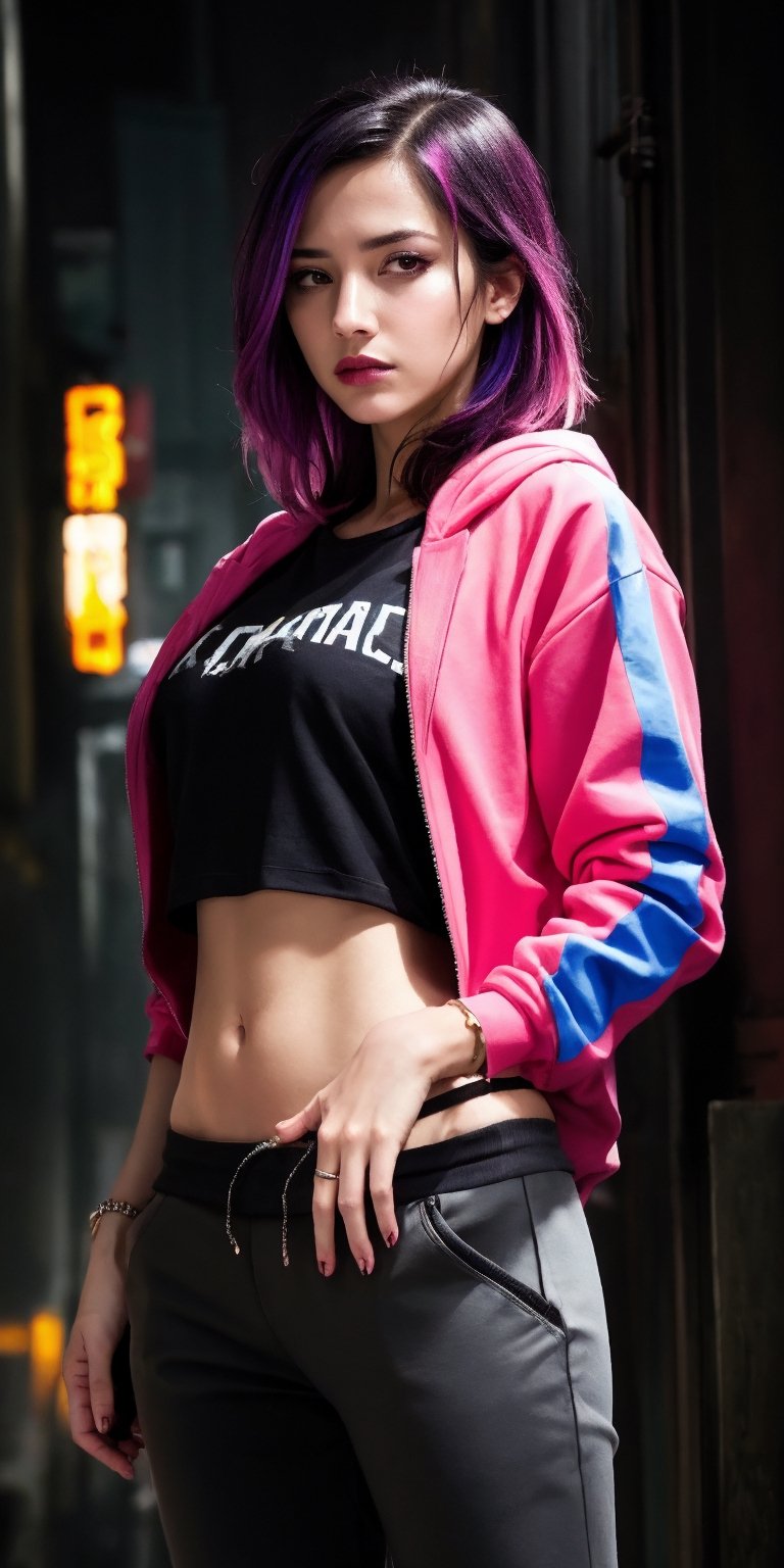 dark gothic cyberpunk woman, defiant face, pastel colors, in clothes, colorful hair, light yellow sweatshirt, pants, black, with pink, guns hd, high detail, huoshen, TheLastOfUs, mgln
