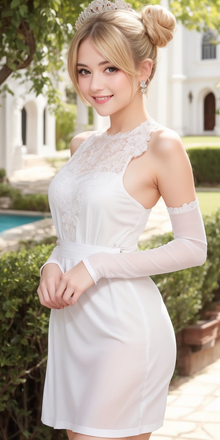 Pretty and charming girl. She wears a very elegant noblewoman oufit. She is a very cute girl. Hyperdetailing masterpiece, hyperdetailing skin, masterpiece quality, with 4k resolution. Charming smile. Short hair, himecut hairstyle, blonde hair. Mansion in background. She belongs to the nobility. bun hairstyle. tender and charming smile. slim