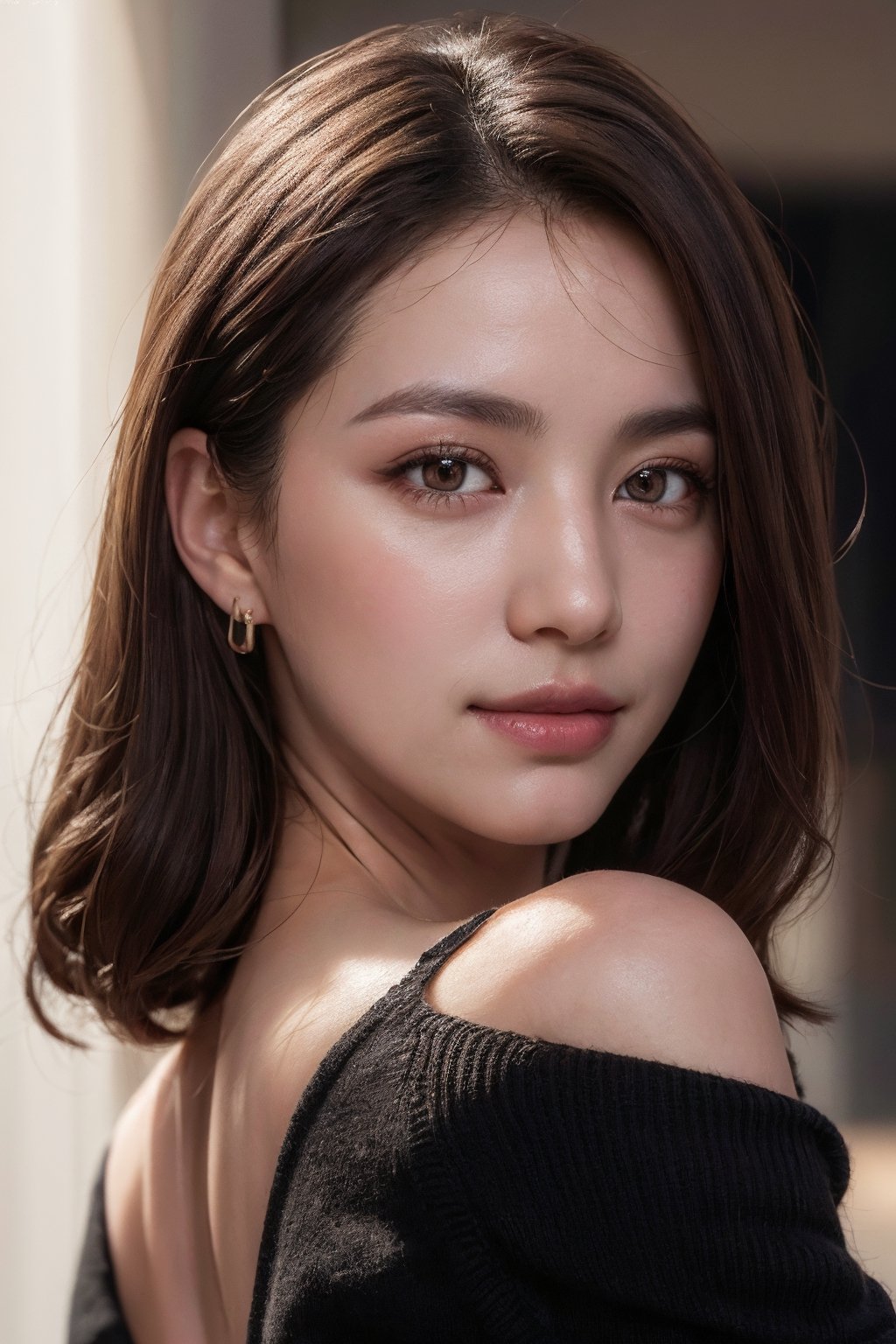 masterpiece, high quality, realistic aesthetic photo ,(HDR:1.4), pore and detailed, intricate detailed, graceful and beautiful textures, RAW photo, 16K, (bokeh:1.3), natural moon light, back lighting, Subsurface scattering, warm tone, (front from face shot),
25yo-japanese-1girl, beautiful face, (light-smile:1.1),  beautiful black straight long hair, dull bangs, (hair blowing in the wind:1.2), (detailed beautiful dark-brown eyes:1.3), smooth skin, juicy lips, eye_shadow, small earing, dark-red sweater, (glare at camera:1.2),          
high detailed, ultra detailed, 9x16 aspect ratio, 
high resolution, world-class official images, impressive visual, perfect composition,1 girl,Realism