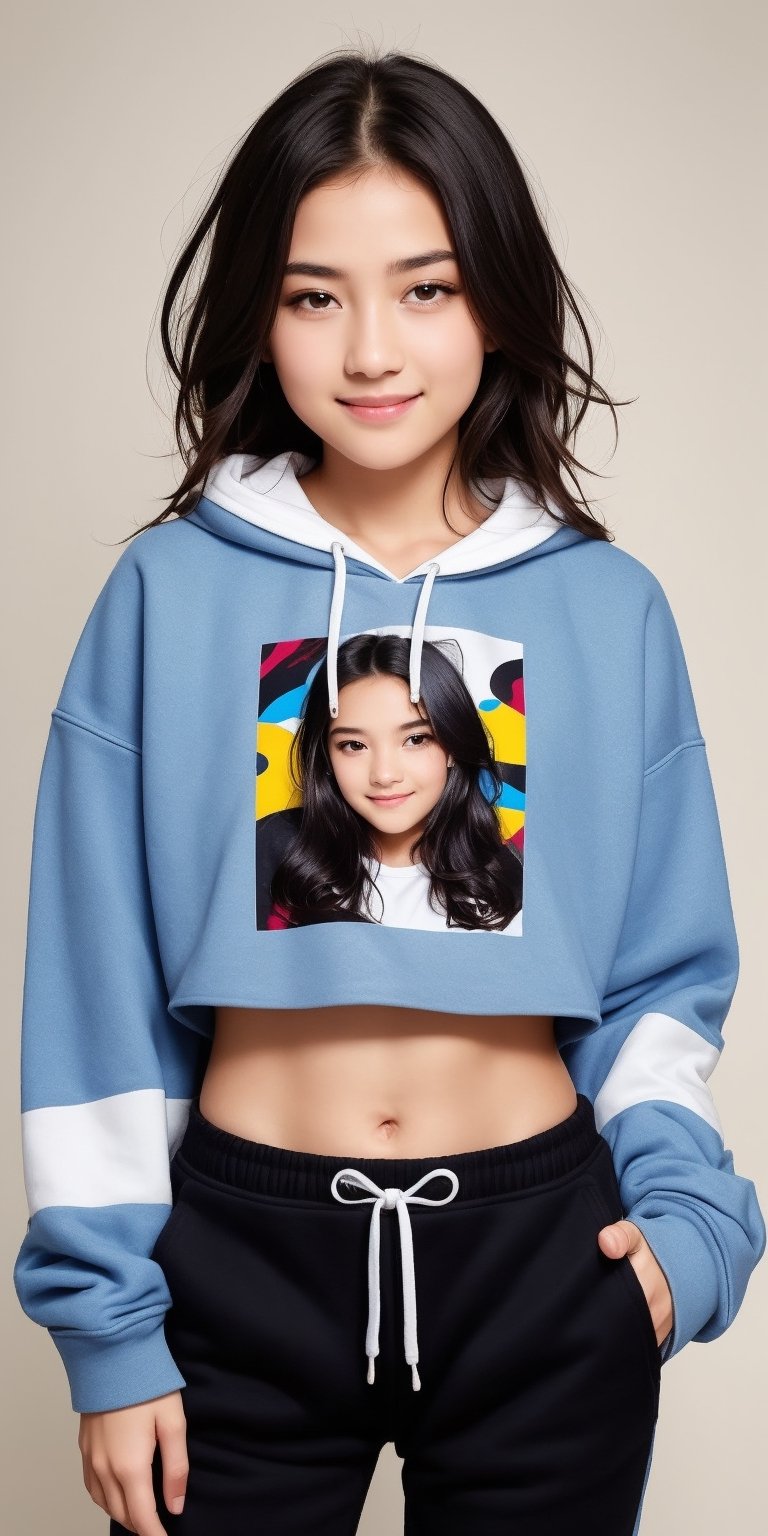 4k,best quality,masterpiece,10yo 1girl,(cropped sweatshirt),(demin pant), alluring smile, open hoodie,

(Beautiful and detailed eyes),
Detailed face, detailed eyes, double eyelids ,thin face, real hands, muscular fit body, semi visible abs, ((short hair with long locks:1.2)), black hair, black background,


real person, color splash style photo,
