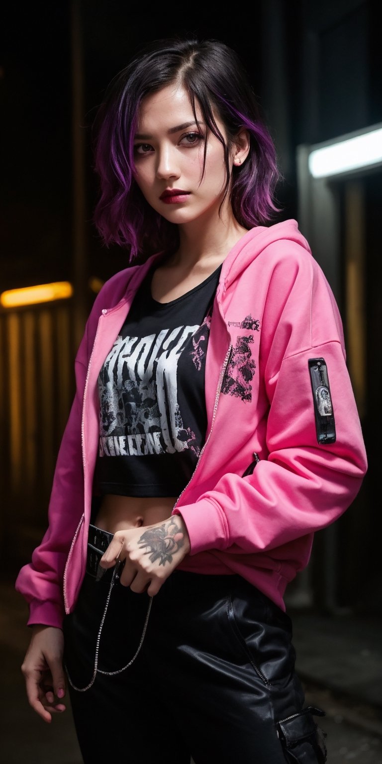 dark gothic cyberpunk woman, defiant face, pastel colors, in clothes, colorful hair, light yellow sweatshirt, pants, black, with pink, guns hd, high detail, huoshen, TheLastOfUs, mgln
