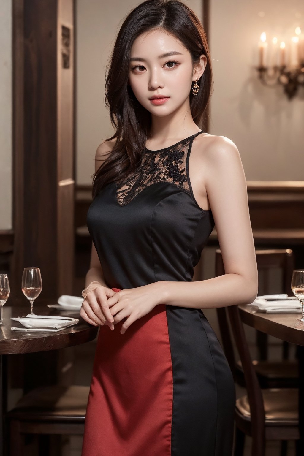 (intricate details),unity 8k wallpaper,ultra detailed,beautiful and aesthetic,detailed, scenery,A girl of about 20 years old, With her coral red medium-length hair, flowing and light, she stands in a black silk dress, showcasing elegant charm, inside a fine dining restaurant, with exquisite decor and warm candlelight.