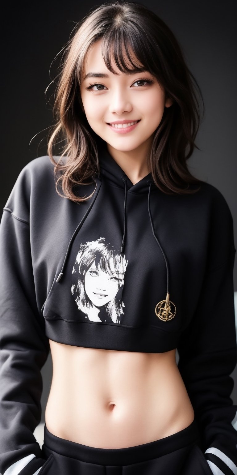 4k,best quality,masterpiece,20yo 1girl,(cropped sweatshirt),(demin pant), alluring smile, open hoodie,

(Beautiful and detailed eyes),
Detailed face, detailed eyes, double eyelids ,thin face, real hands, muscular fit body, semi visible abs, ((short hair with long locks:1.2)), black hair, black background,


real person, color splash style photo,
