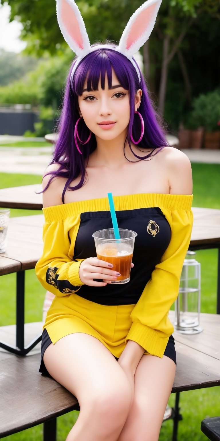 Generate hyper realistic image of a playful woman with bunny ears and an hourglass body, sitting at a table outdoors. Her long, purple hair is adorned with fake animal ears, and her parted bangs frame her face delicately. Dressed in a yellow off-shoulder shirt and a black miniskirt, she holds a cup with a drinking straw, her earrings glinting in the daylight.