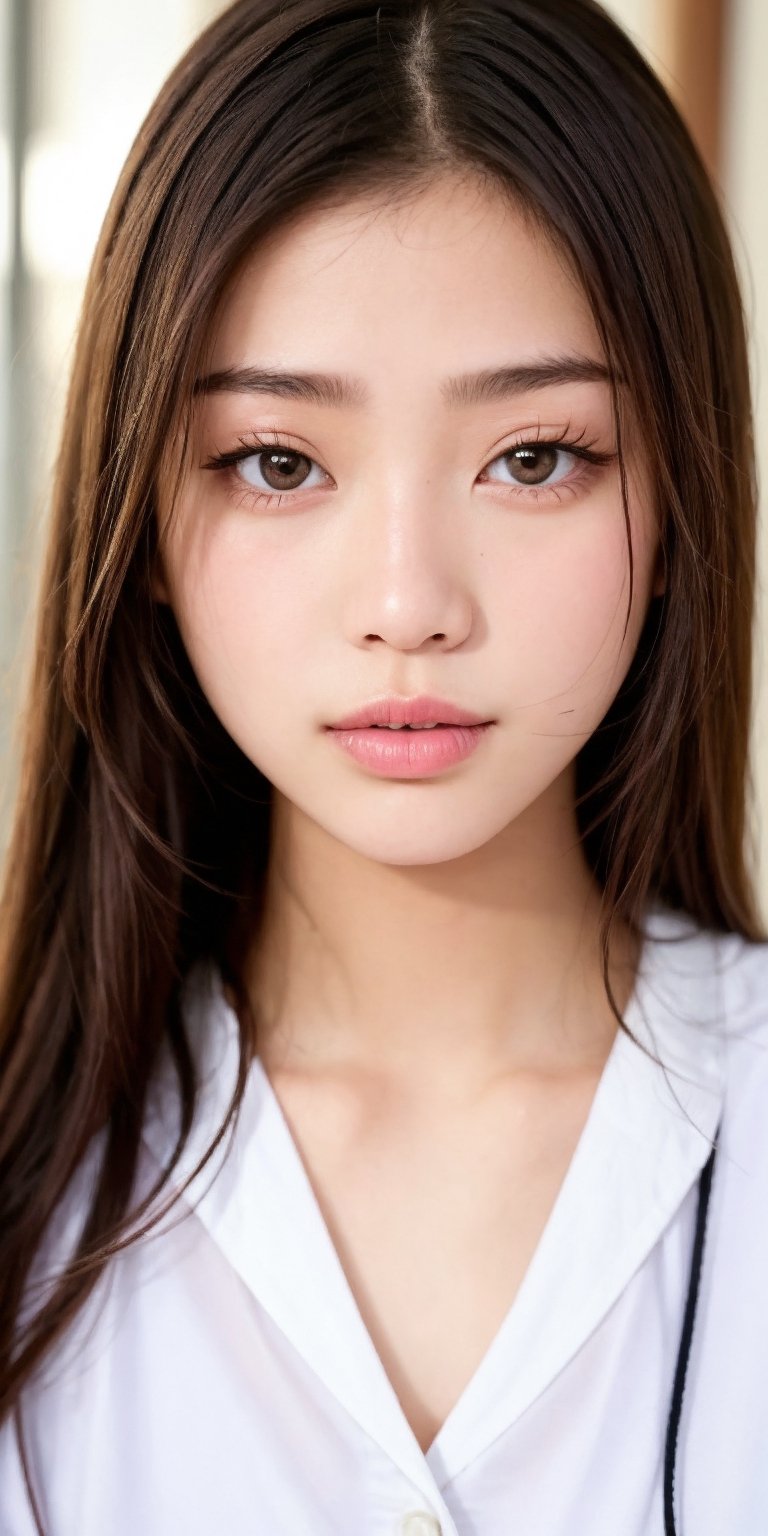 1girl, a close up of a woman with long hair wearing a white shirt, 1 8 yo, 18 years old, 19-year-old girl, xintong chen, korean girl, xision wu, heonhwa choe, 2 2 years old, 21 years old, ulzzang, wenfei ye, young cute wan asian face, lips