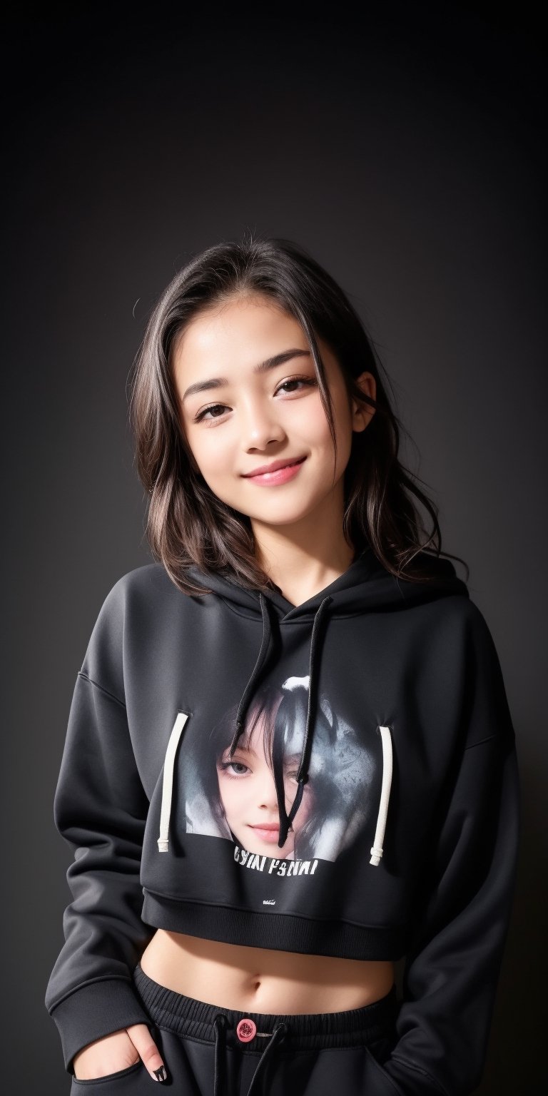 4k,best quality,masterpiece,10yo 1girl,(cropped sweatshirt),(demin pant), alluring smile, open hoodie,

(Beautiful and detailed eyes),
Detailed face, detailed eyes, double eyelids ,thin face, real hands, muscular fit body, semi visible abs, ((short hair with long locks:1.2)), black hair, black background,


real person, color splash style photo,
