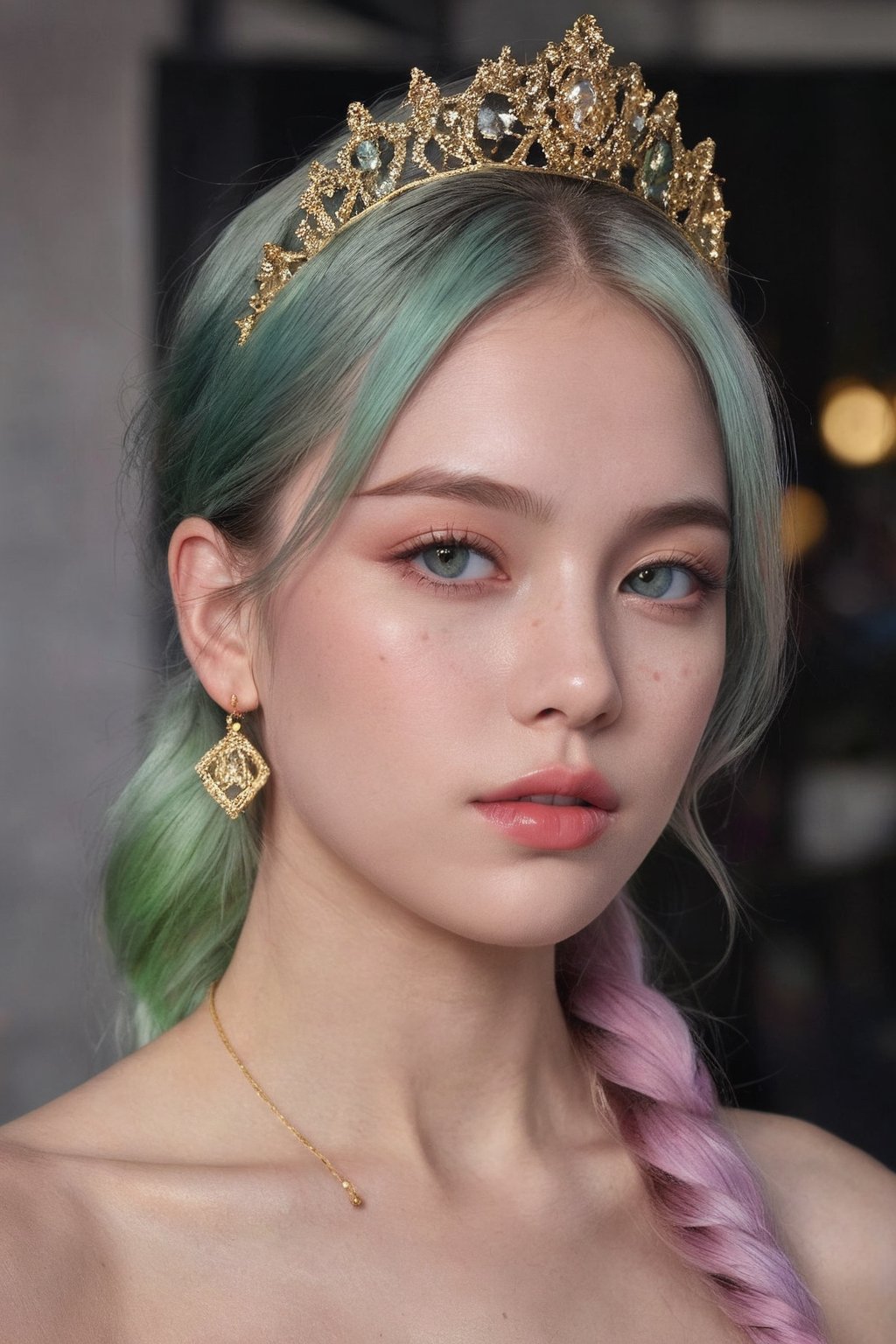 (ultra realistic,best quality),photorealistic,Extremely Realistic, in depth, cinematic light,hubggirl,

(masterpiece, best quality), High detailed, picture perfect face, blush, freckles, beautiful face, supermodel, colorful, (light green hair,multicolored hair), long hair,braids, side bun, golden tiara,perfectly textured skin,blue eyes,iridescent eyes, (perfect female body), (thic lips, broad lips), alluring, charming, beautiful, cute, tomboy, lipgloss, makeup,gold and gem earrings,Black top,thin fabric,