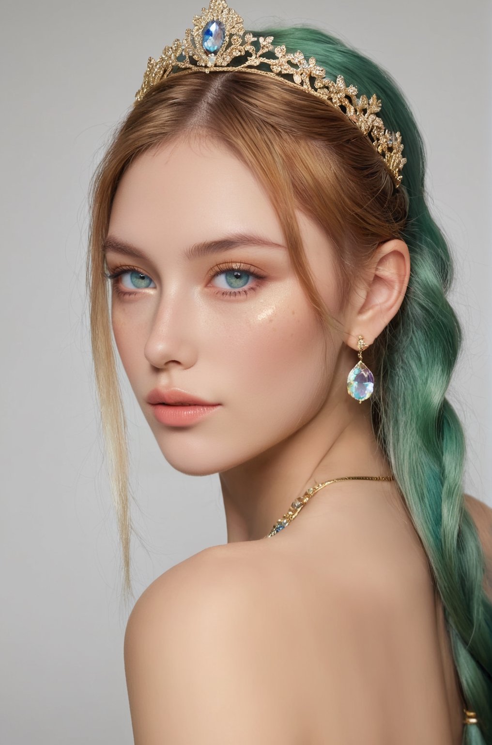 photorealistic,portrait of hubggirl, 
(ultra realistic,best quality),photorealistic,Extremely Realistic, in depth, cinematic light,hubggirl,

(masterpiece, best quality), High detailed, picture perfect face, blush, freckles, beautiful face, supermodel, colorful, (light green hair,multicolored hair), long hair,braids, side bun, golden tiara,perfectly textured skin,blue eyes,iridescent eyes, (perfect female body), (thic lips, broad lips), alluring, charming, beautiful, cute, tomboy, lipgloss, makeup,gold and gem earrings,Black top,thin fabric,