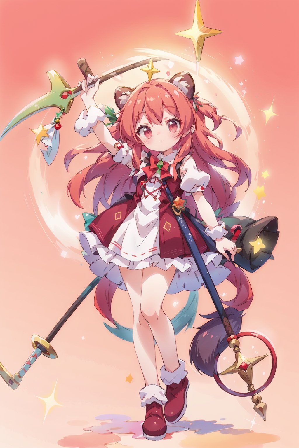 a moe girl with pastel red, with raccoon big 
ears , cute pose with a christmas outfit, pastel red circle background with cute luminous stars and big staff, with glitter on her body full body