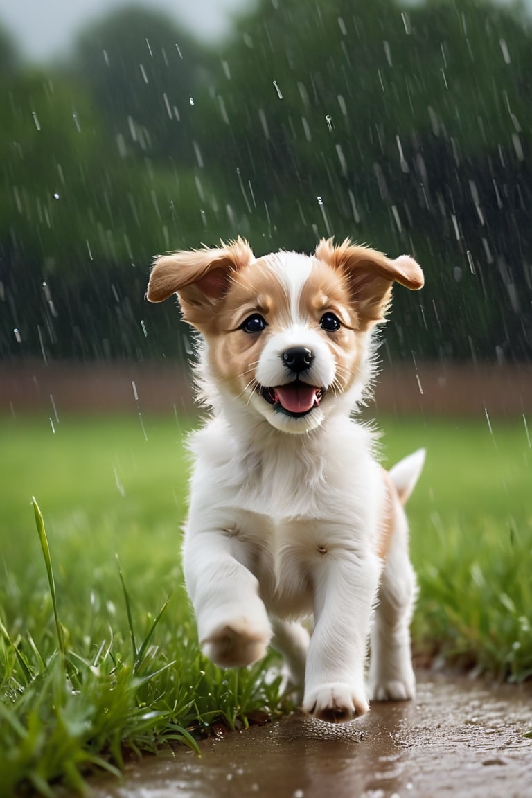 Generate a lively scene of a baby dog eagerly starting to play just before the rain begins. The puppy should be depicted with an excited and alert expression, its tail wagging and ears perked up as it senses the impending raindrops. Show the puppy standing on a patch of grass, perhaps with a ball or toy nearby, ready to engage in a playful activity. Depict the sky darkening with storm clouds and a few raindrops starting to fall, creating a sense of anticipation and excitement in the air. Place the scene in a natural outdoor setting, with trees swaying in the wind and the scent of rain filling the air, adding to the overall ambiance of anticipation and excitement. Ensure that the image captures the puppy's enthusiasm and readiness to play, evoking a sense of energy and anticipation in the viewer.