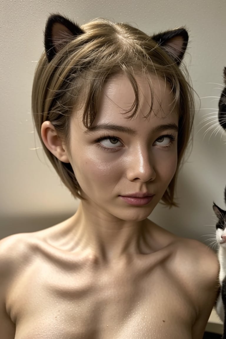 Image depicts a fit, girl 15 years old, cat ear , nude boobs,  black thong  blonde hair, short hair, bobcut , full body shot, showing perfect small tits, photorealistic, ,<lora:659111690174031528:1.0>