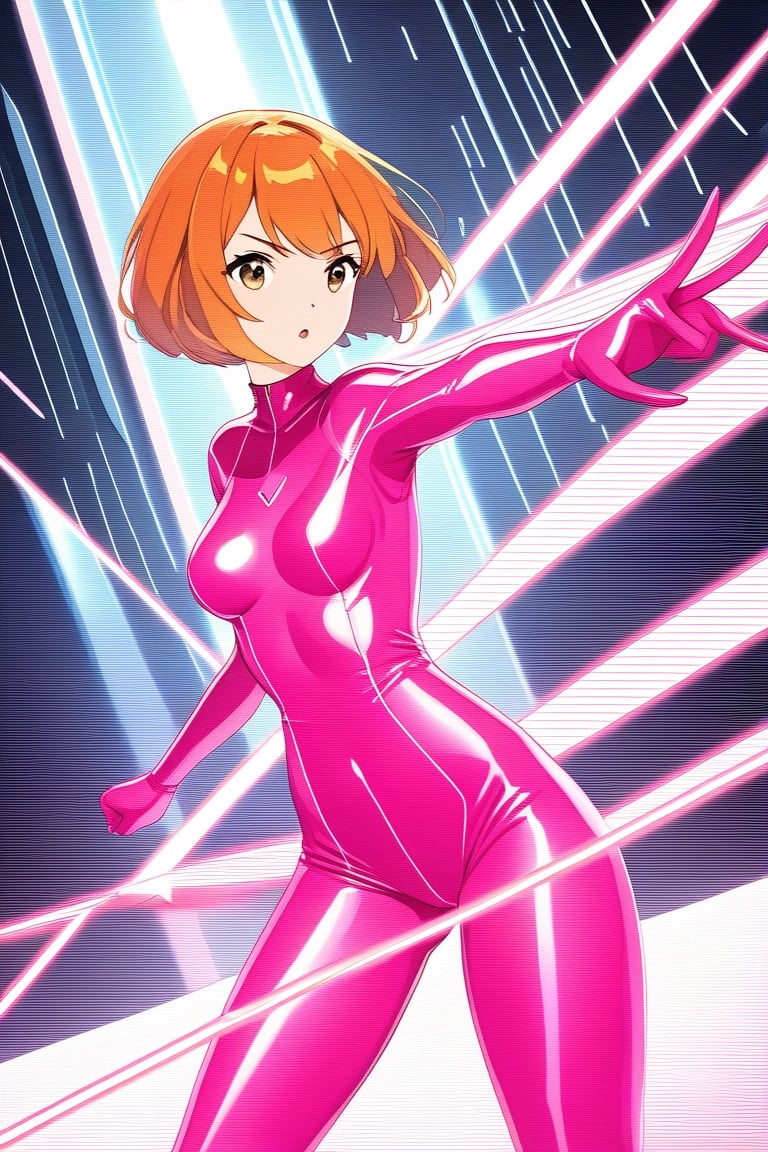 girl with short orange hair hits brown eyes on the road standing in pink latex suit covers the whole futuristic body with the staff in the gray with pink futuristic lines in the hand fighting pose