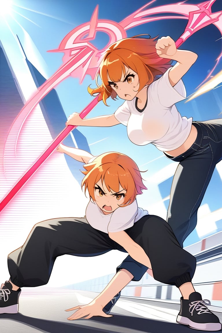 girl short orange hair bangs brown eyes white t-shirt short sleeves big tits and long pants black jeans black sneakers simple on the road fighting poses with angry face fight with a big pink futuristic staff