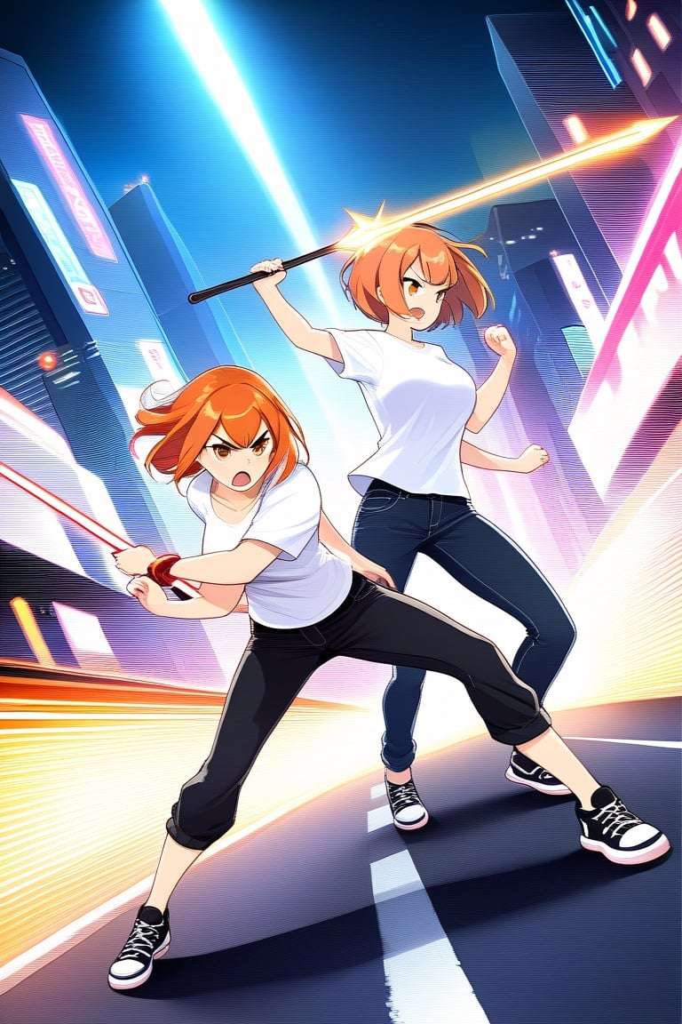 girl short orange hair bangs brown eyes white t-shirt short sleeves big tits and long pants black jeans simple black sneakers on the road fighting poses with an angry face fight with a pink futuristic staff on the road city at night fighting with the staff in her hand different poses