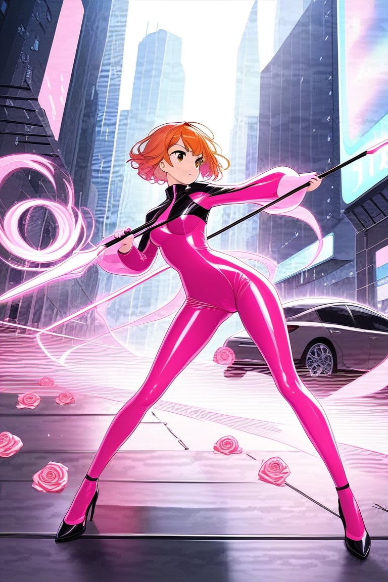 girl with short orange hair hitting brown eyes on the road standing in pink latex suit covers full body futuristic with staff in pink and black futuristic roses in hand hitting with pink and black staff fighting in the city