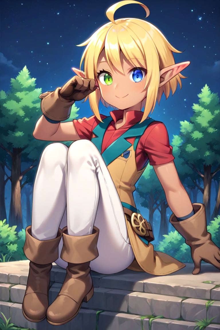 Aura Bella Fiora \(overlord\),1girl,solo,fantasy clothing,smile,short hair,blue eye,green_eye,blonde hair, detail background,gloves,forest background, night,starry sky,green eyes,ahoge,female focus,pointy ears,dark skin,jewelry,pointy ears, pants, dark skin,vest,white vest,:3, heterochromia, brown footwear, elf, red shirt, brown gloves, white pants,heterochromia, elf, androgynous,full body,source_anime, score_7_up, score_8_up, score_9_up