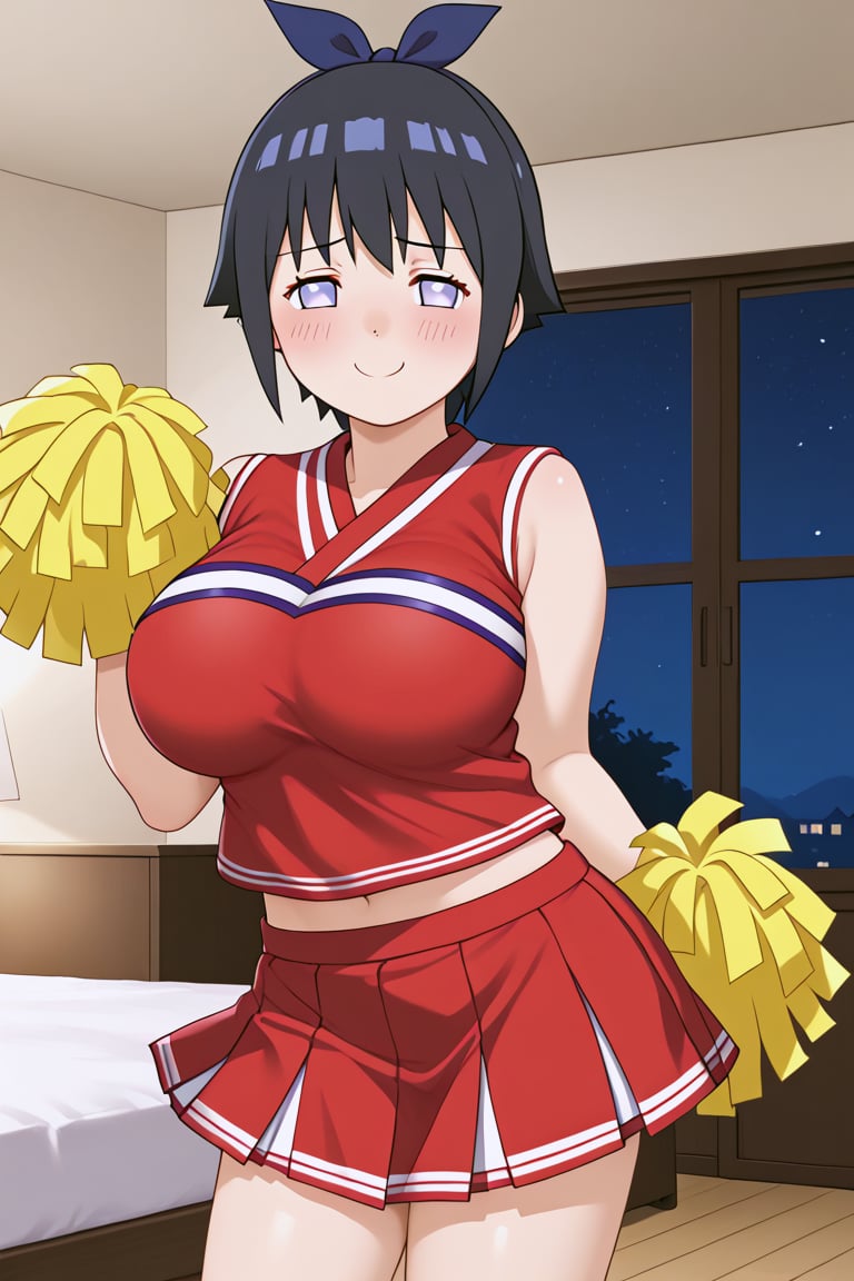 1 girl,Hinata Hyuga,shy face,smile,black hair,cheerleader outfit, red outfit, pompoms, pout, blouse, skirt, mini skirt,Big breasts,room,bed,night,showing breasts