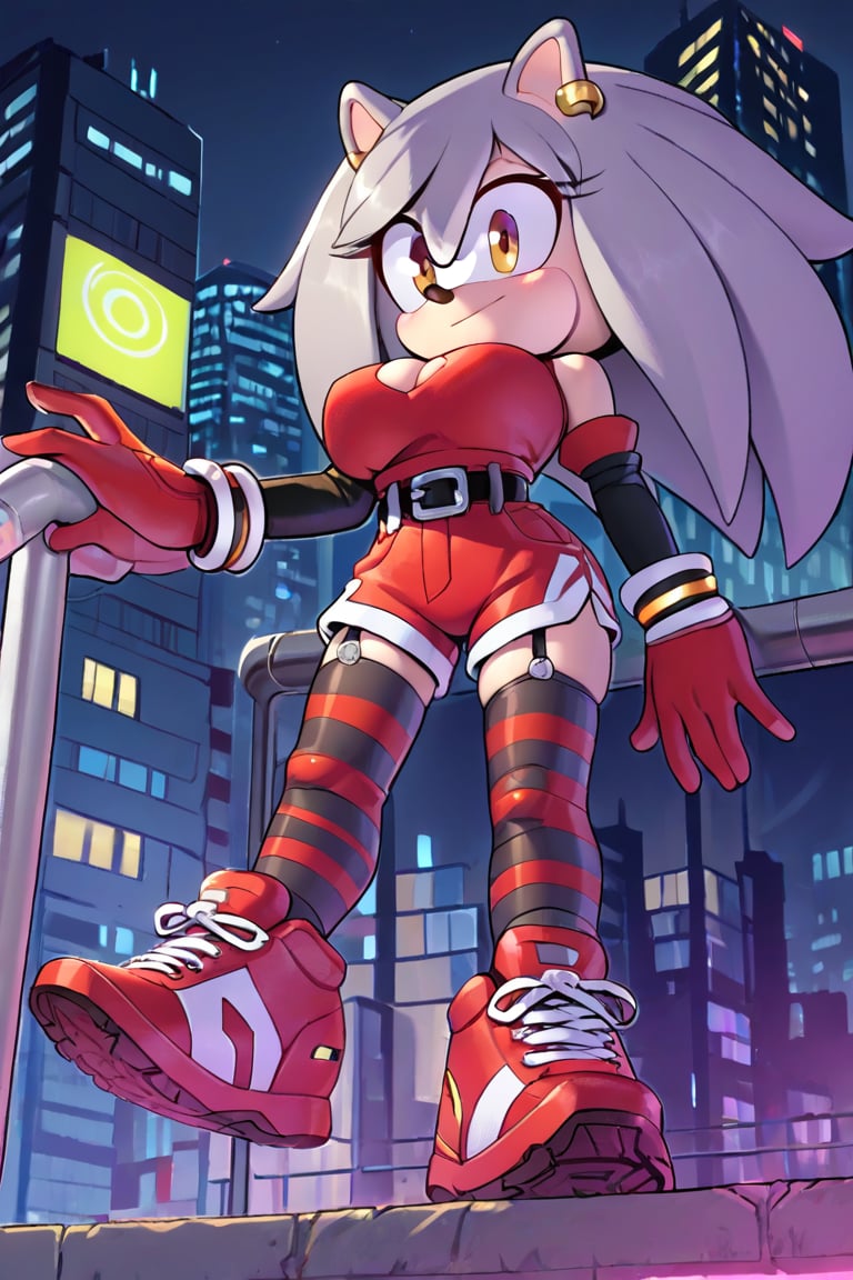 city, night, futuristic city,futuristic clothing,1 girl,hedgehog,young,smaller girl,big breasts,gray hair,black sleeves,red blouse, red shorts, red tennis shoes,black belt,stockings,striped stockings,black stockings,black lines,gloves, red gloves, rings,source_anime, score_7_up, score_8_up, score_9_up,gray hair,evnstnly