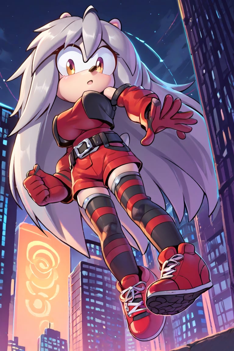 city, night, futuristic city,futuristic clothing,1 girl,hedgehog,young,smaller girl,big breasts,gray hair,black sleeves,red blouse, red shorts, red tennis shoes,black belt,stockings,striped stockings,black stockings,black lines,gloves, red gloves, rings,source_anime, score_7_up, score_8_up, score_9_up,gray hair,evnstnly