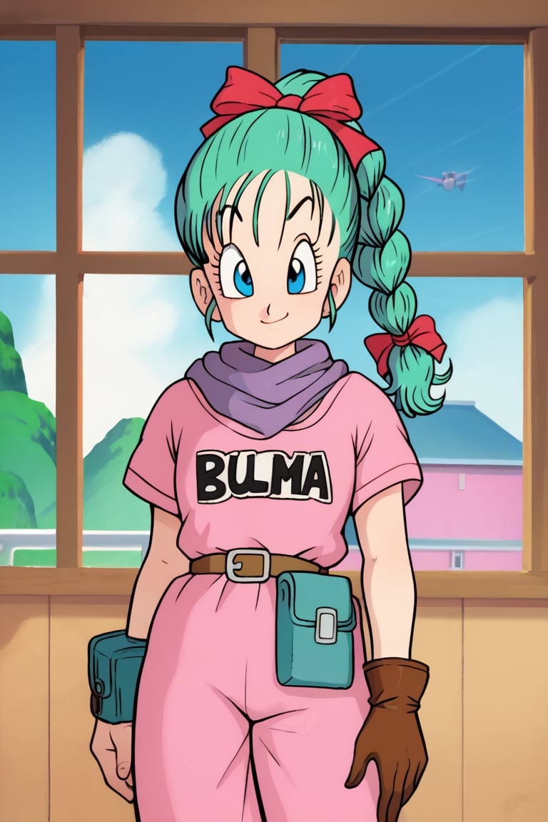 score_9,score_8_up, score_7_up, score_6_up,ultra-detailed face,detailed eyes,masterpiece, best quality, ultra-detailed,in, house, window, chinese window,bulma \(dragonball\),1girl,smile,blue eyes,gloves,ribbon,aqua hair,braided ponytail,hair ribbon,braid,belt,character name,single braid,clothes writing,brown gloves,pouch,purple scarf,fanny pack, 1990s \(style\),arm at side,dragon radar,pink dress,pink dress, short sleeves, single glove,raised eyebrows,eyebrows,eyelashes,drgbls1