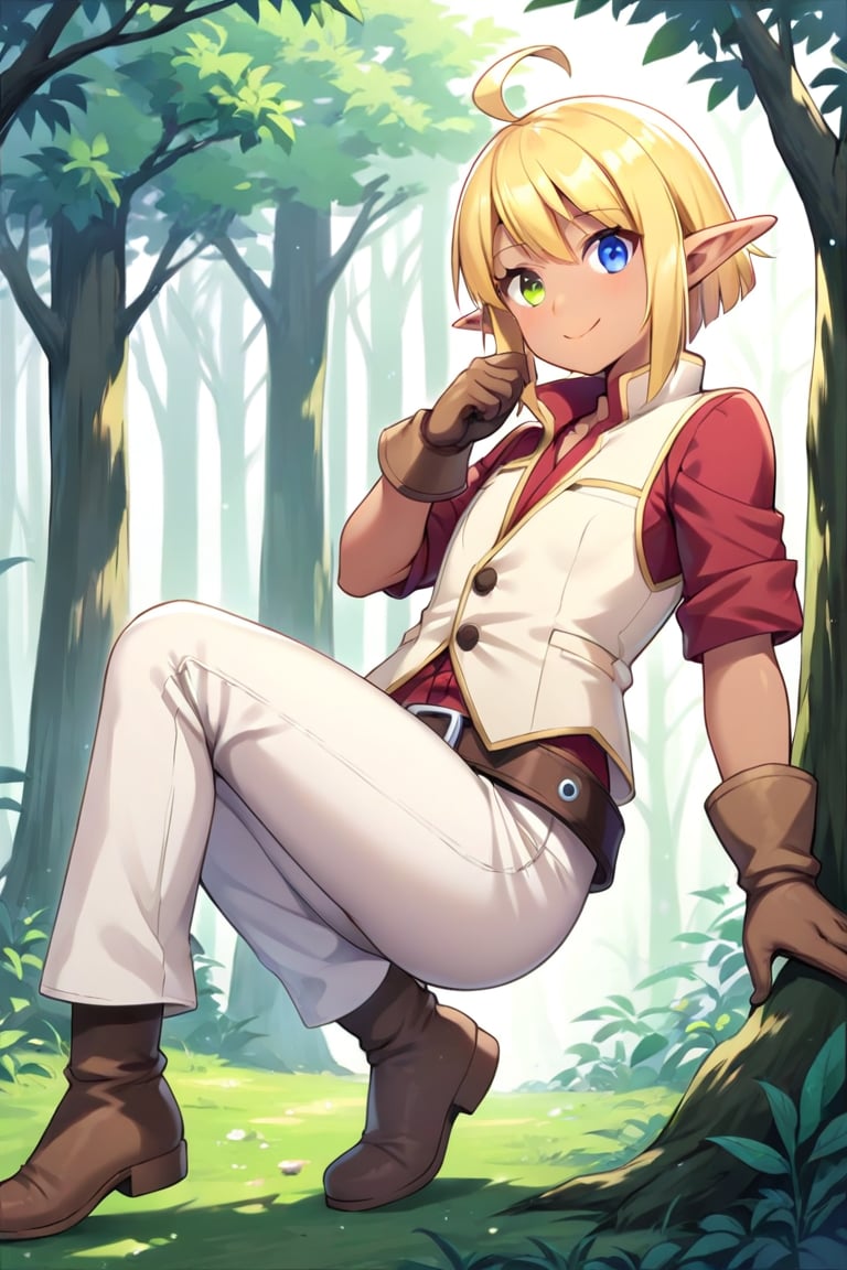 Aura Bella Fiora \(overlord\),1girl,solo,fantasy clothing,smile,short hair,blue eye,green_eye,blonde hair, detail background,gloves,forest background,green eyes,ahoge,female focus,pointy ears,dark skin,jewelry,pointy ears, pants, dark skin,vest,white vest,:3, heterochromia, brown footwear, elf, red shirt, brown gloves, white pants,heterochromia, elf, androgynous,full body,source_anime, score_7_up, score_8_up, score_9_up