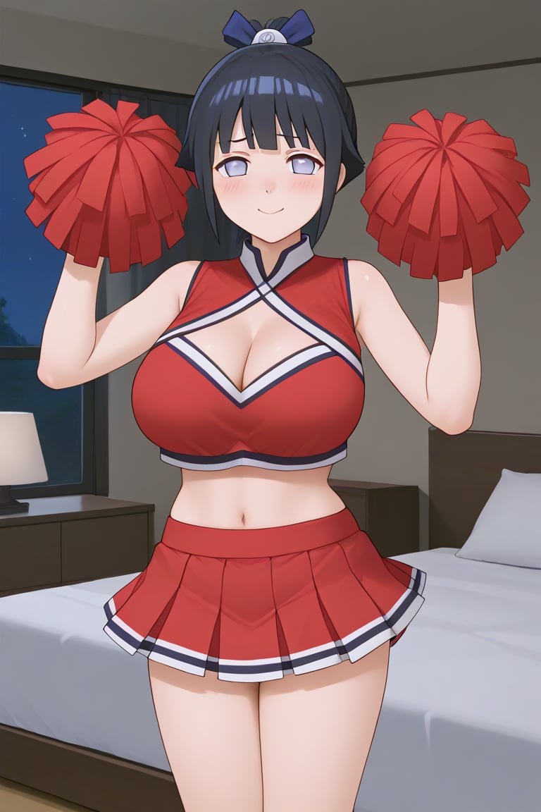 1 girl,Hinata Hyuga,shy face,smile,black hair,cheerleader outfit, red outfit, pompoms, pout, blouse, skirt, mini skirt,Big breasts,room,bed,night,showing breasts