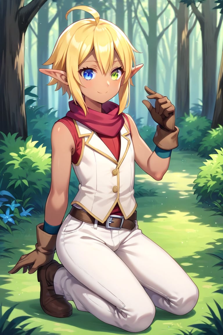 Aura Bella Fiora \(overlord\),1girl,solo,fantasy clothing,smile,short hair,blue eye,green_eye,blonde hair, detail background,gloves,forest background,green eyes,ahoge,female focus,pointy ears,dark skin,jewelry,pointy ears, pants, dark skin,vest,white vest,:3, heterochromia, brown footwear, elf, red shirt, brown gloves, white pants,heterochromia, elf, androgynous,full body,source_anime, score_7_up, score_8_up, score_9_up