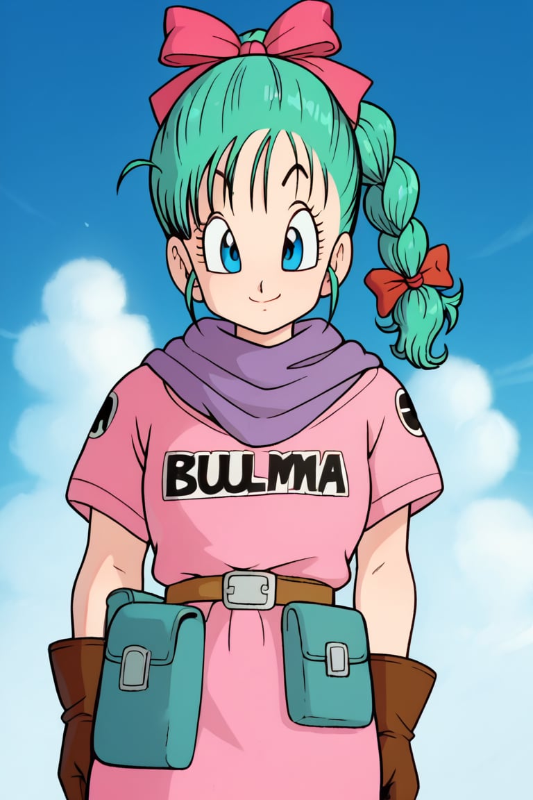 score_9,score_8_up, score_7_up, score_6_up,ultra-detailed face,detailed eyes,masterpiece, best quality, ultra-detailed,bulma \(dragonball\),1girl,smile,blue eyes,gloves,ribbon,aqua hair,braided ponytail,hair ribbon,braid,belt,character name,single braid,clothes writing,brown gloves,pouch,purple scarf,fanny pack, 1990s \(style\),arm at side,dragon radar,pink dress,pink dress, short sleeves, single glove,raised eyebrows,eyebrows,eyelashes,drgbls1