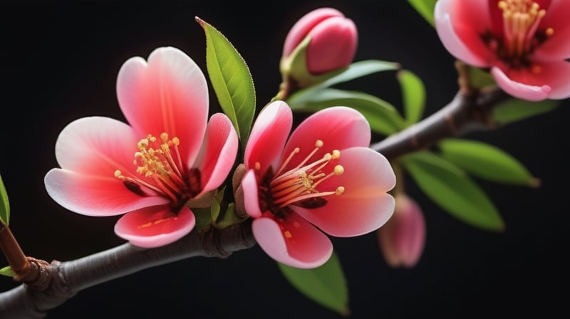 a peach tree branch with red flowers and buds, simple lightblack background, close up,sharp focus, colorful, high contrast, detailed flower petals, fresh green leaves, soft natural lighting, delicate and intricate branches, vibrant and saturated colors, high resolution,realistic,masterfully captured,macro detail beautiful 

