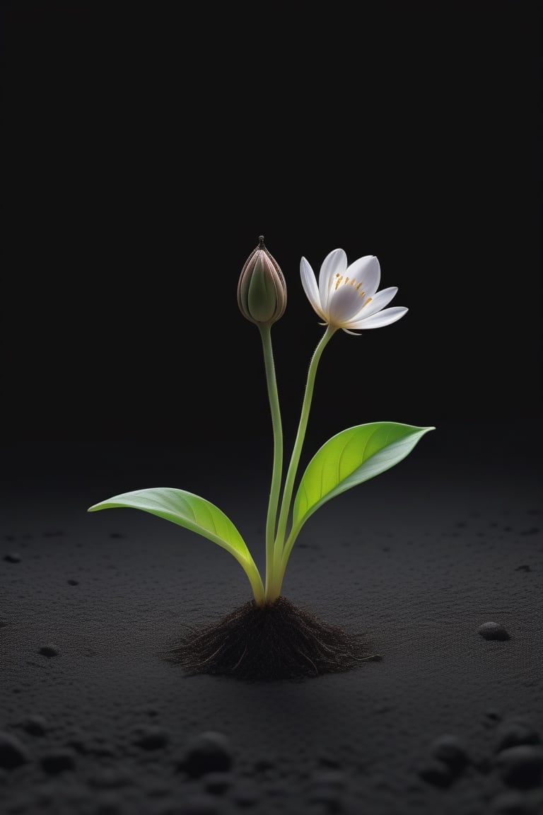 blank pure lightblack backround with one  sprouting seed on the ground at the bottom of the picture, 2 blooming flowers，with a thin root system,photorealistic，

minimalist hologram