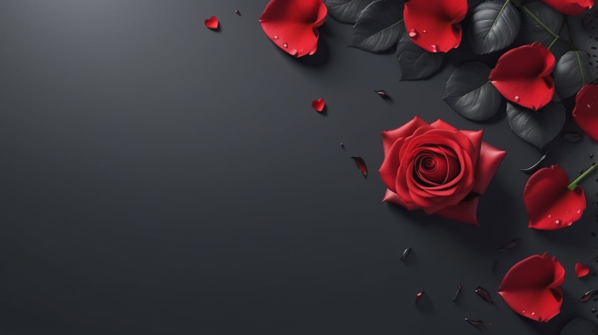 blank pure lightblack backround with one  red blooming rose,the petals are falling, and there are many petals formed a love heart on the ground,with a thin root system,
photorealistic，

