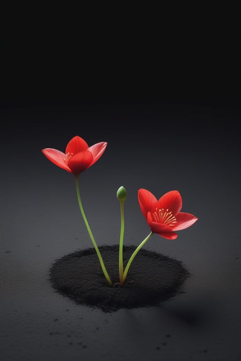 blank pure lightblack backround with one  sprouting seed on the ground at the bottom of the picture, 2 red blooming flowers，with a thin root system,photorealistic，

minimalist hologram