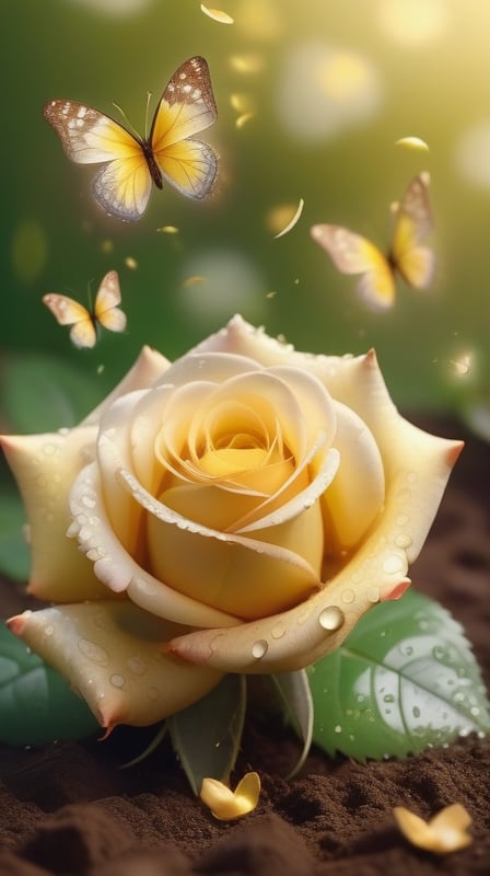 yellow blooming roses growing from the soil,delicate and voluptuous covered by dew in soft brigh light,(falling petals),(blur background),and the petals formed a lovely heart on the ground, little tender butterflies flying around above the roses 
photorealistic

