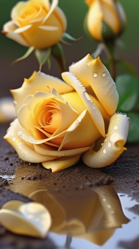 yellow blooming roses growing from the soil,delicate and voluptuous covered by dew in soft brigh light,(falling petals),(blur background),and the petals formed a lovely heart on the ground,

realistic,photo_(medium),photorealistic

